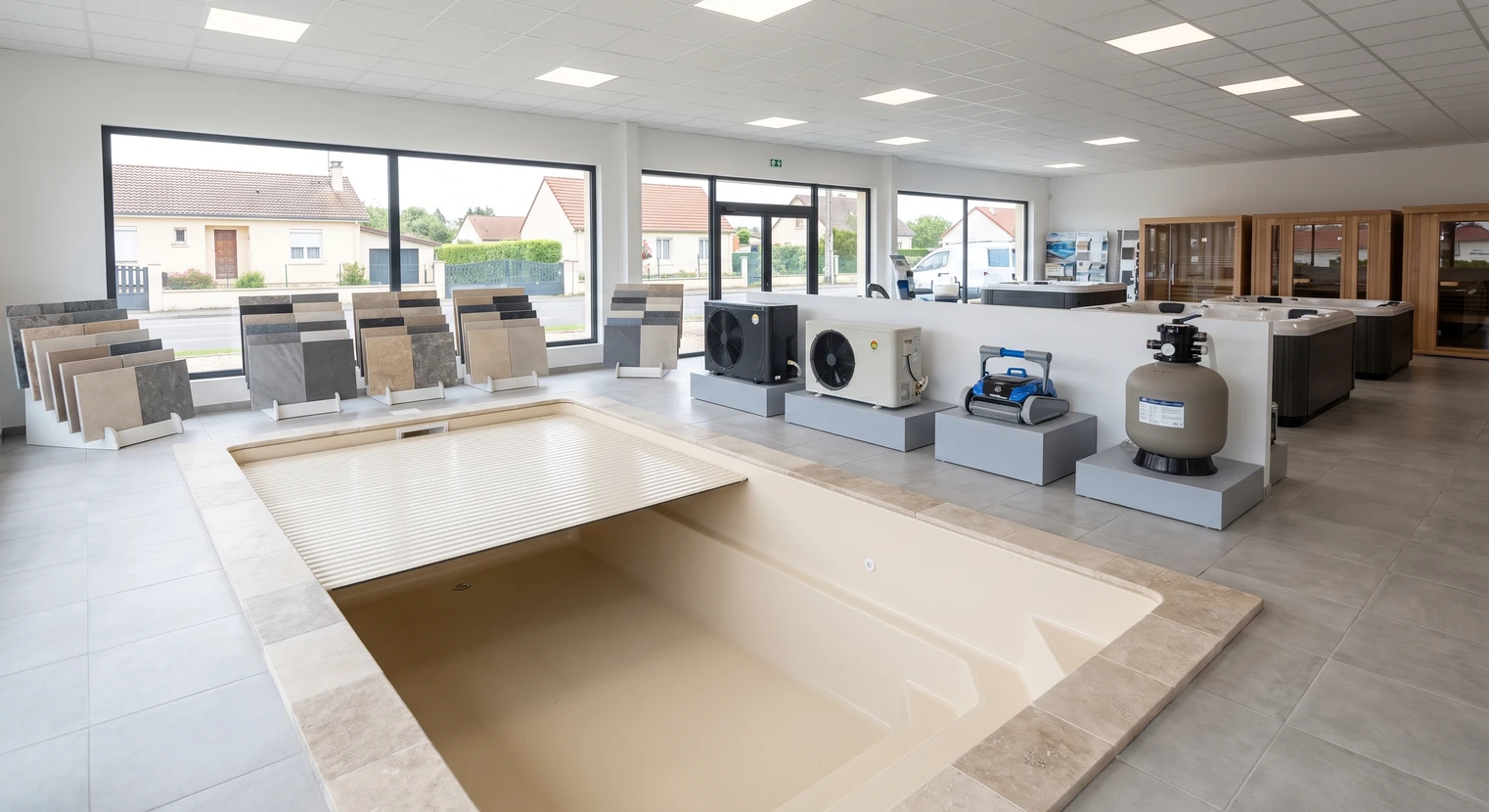 Intérieur spacieux et moderne d'un showroom dédié aux piscines, avec au premier plan un modèle de piscine en coque polyester ou un spa exposé en situation de démonstration, accompagné de présentoirs présentant des équipements techniques (pompes à chaleur, robots de nettoyage, volets motorisés) et des échantillons de revêtements de bassin. L'espace est bien éclairé, accueillant et professionnel, montrant clairement la diversité des solutions piscine disponibles à la vente et à la consultation.