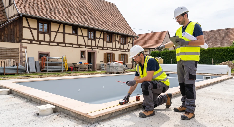 Scène de chantier extérieur montrant deux techniciens professionnels en tenue de travail appropriée intervenant sur une piscine résidentielle en cours de rénovation ou d'installation. L'un des techniciens examine ou mesure une partie de la structure du bassin ou vérifie les équipements techniques, tandis que l'autre prend des notes ou consulte les plans du projet. La scène doit transmettre professionnalisme, expertise et rigueur technique, avec un environnement de chantier réel mais soigné. Arrière-plan : jardin résidentiel typique alsacien avec piscine en cours de transformation.