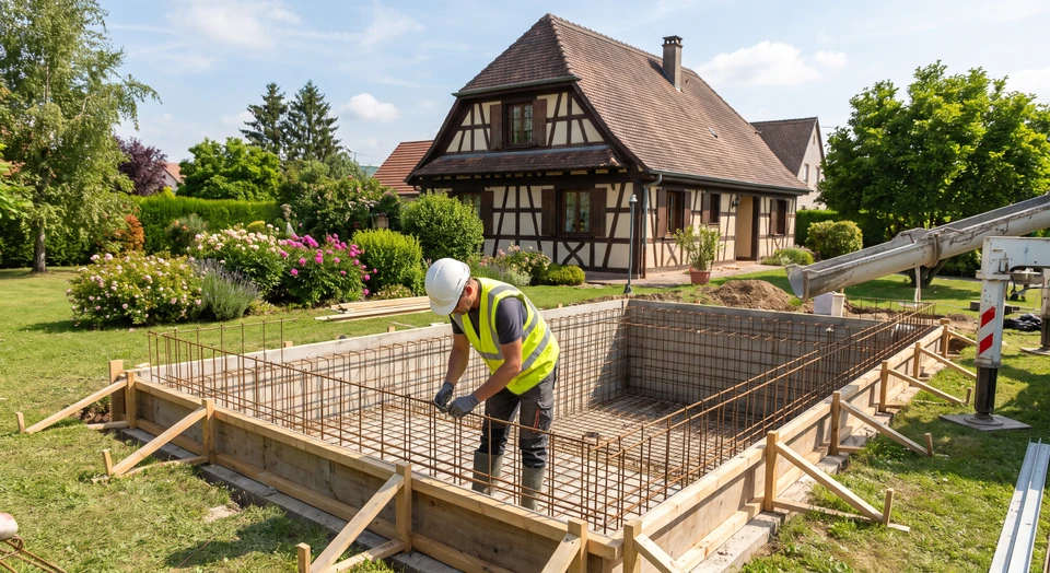 Photographie d'un chantier de construction de piscine béton montrant un ouvrier effectuant le coulage ou l'armature béton d'un bassin. La scène doit montrer clairement une fosse de piscine en cours de création avec ferraillage visible, coffrage ou béton frais. L'environnement doit être un jardin résidentiel pour illustrer le contexte des clients particuliers de l'entreprise.