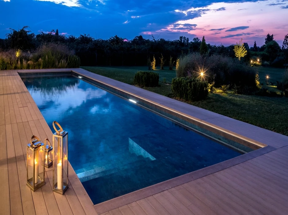 Piscine rectangulaire à débordement, éclairée au crépuscule, entourée d'un dallage en pierre naturelle beige