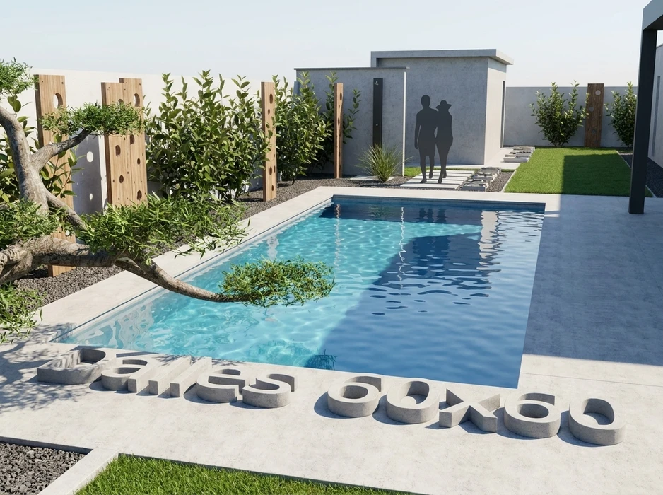 Rendu 3D d'une piscine rectangulaire extérieure à débordement partiel, entourée d'une margelle en béton lisse