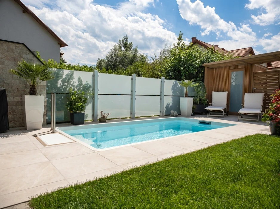 Piscine rectangulaire enterrée en résine blanche, eau turquoise, entourée d'une terrasse en dallage grès cérame beige