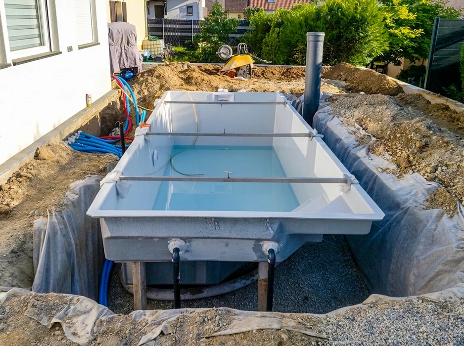 Chantier de terrassement en extérieur avec pelleteuse compacte à chenilles caoutchouc effectuant des travaux d'excavation