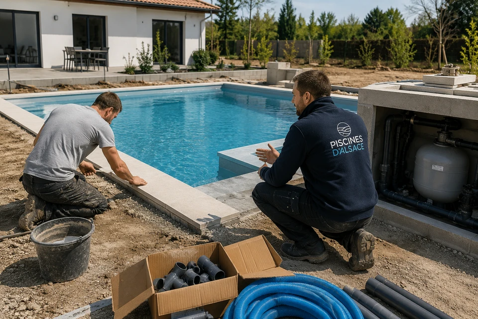 Vue zénithale Aérienne d'une piscine privée rectangulaire vide