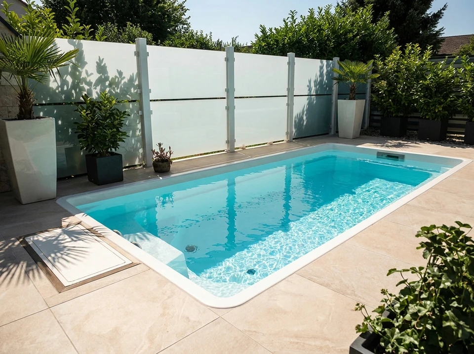 Une piscine extérieure, nichée au milieu des arbres et des plantes, offre un cadre paisible et rafraîchissant en pleine nature