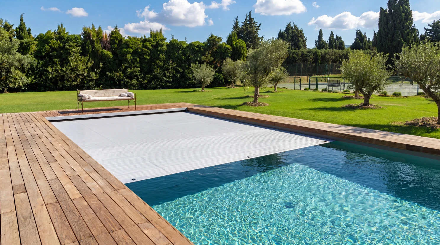 Piscine rectangulaire de type couloir de nage, revêtement liner sombre anthracite, entourée d'une plage en dalles de béton grand format