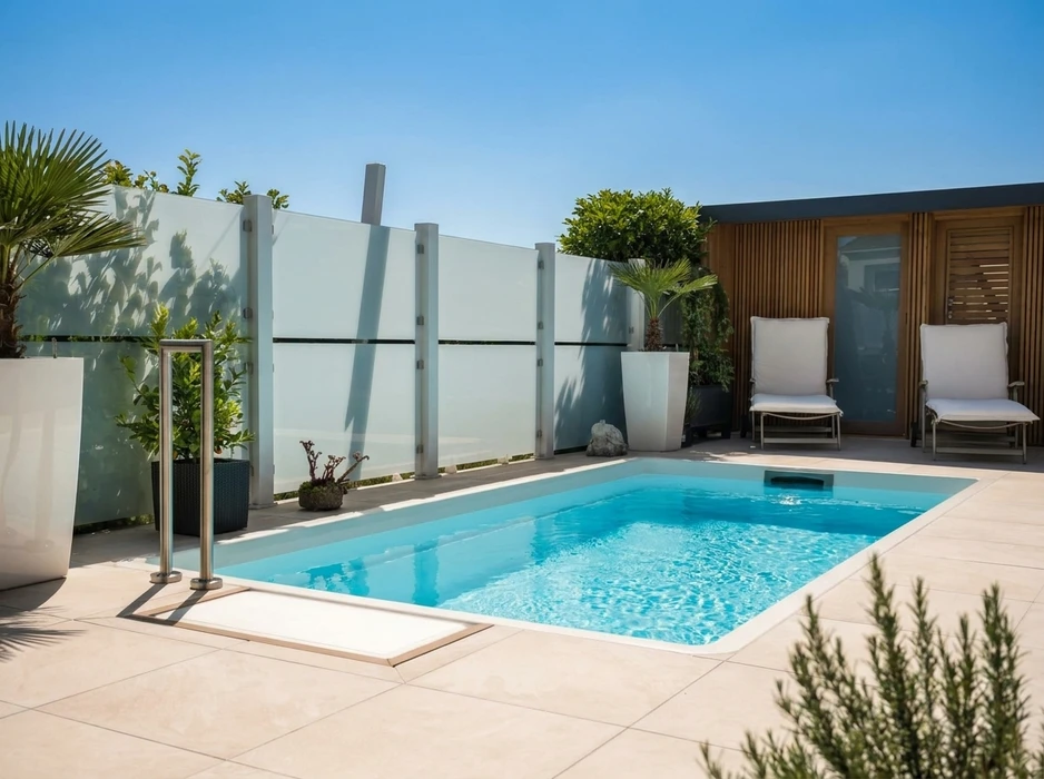 Terrasse extérieure moderne avec piscine couverte d'un volet immergé à panneaux rigides gris, affleurant le niveau du sol
