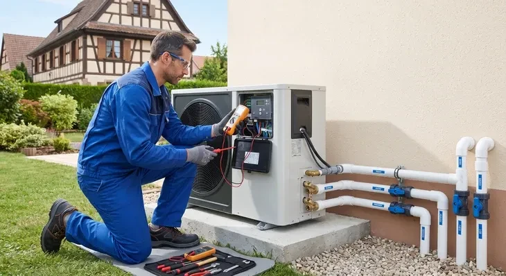 Technicien professionnel en tenue de travail dans un jardin résidentiel, controlant ou installant une pompe à chaleur moderne montée à proximité d'une piscine résidentielle. L'équipement doit être bien visible et le professionnel en action d'analyse ou de mise en service. Environnement naturel et résidentiel, qualité photo professionnelle.