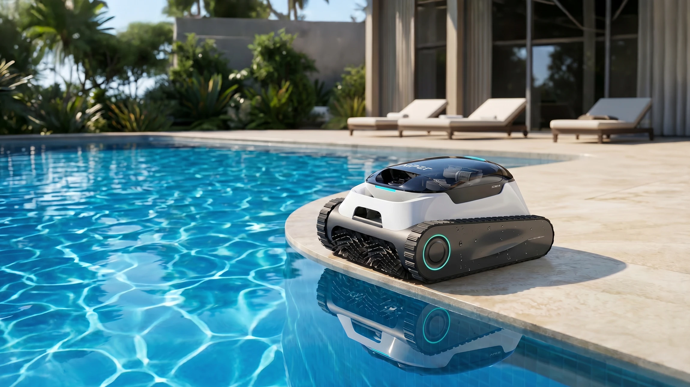 Piscine extérieure avec personne manipulant robot nettoyeur automatique blanc et violet, numéro 7 visible