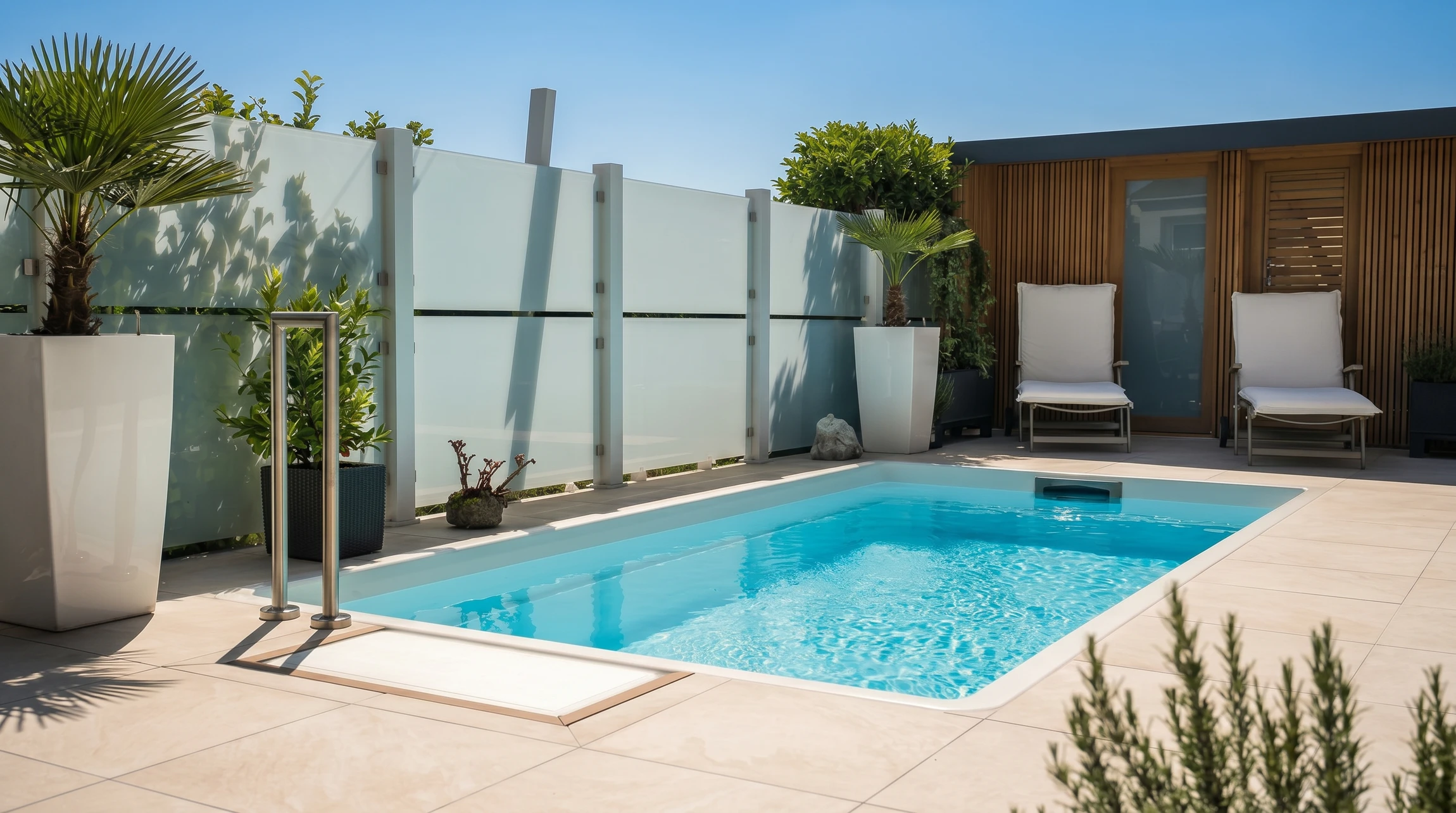 Piscine rectangulaire extérieure aux eaux turquoise cristallines, entourée d'une plage en lames de bois exotique type ipé et d'un margelle en pierre bleue