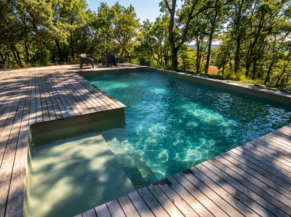 Piscine rectangulaire extérieure privative, eau turquoise cristalline, liner blanc