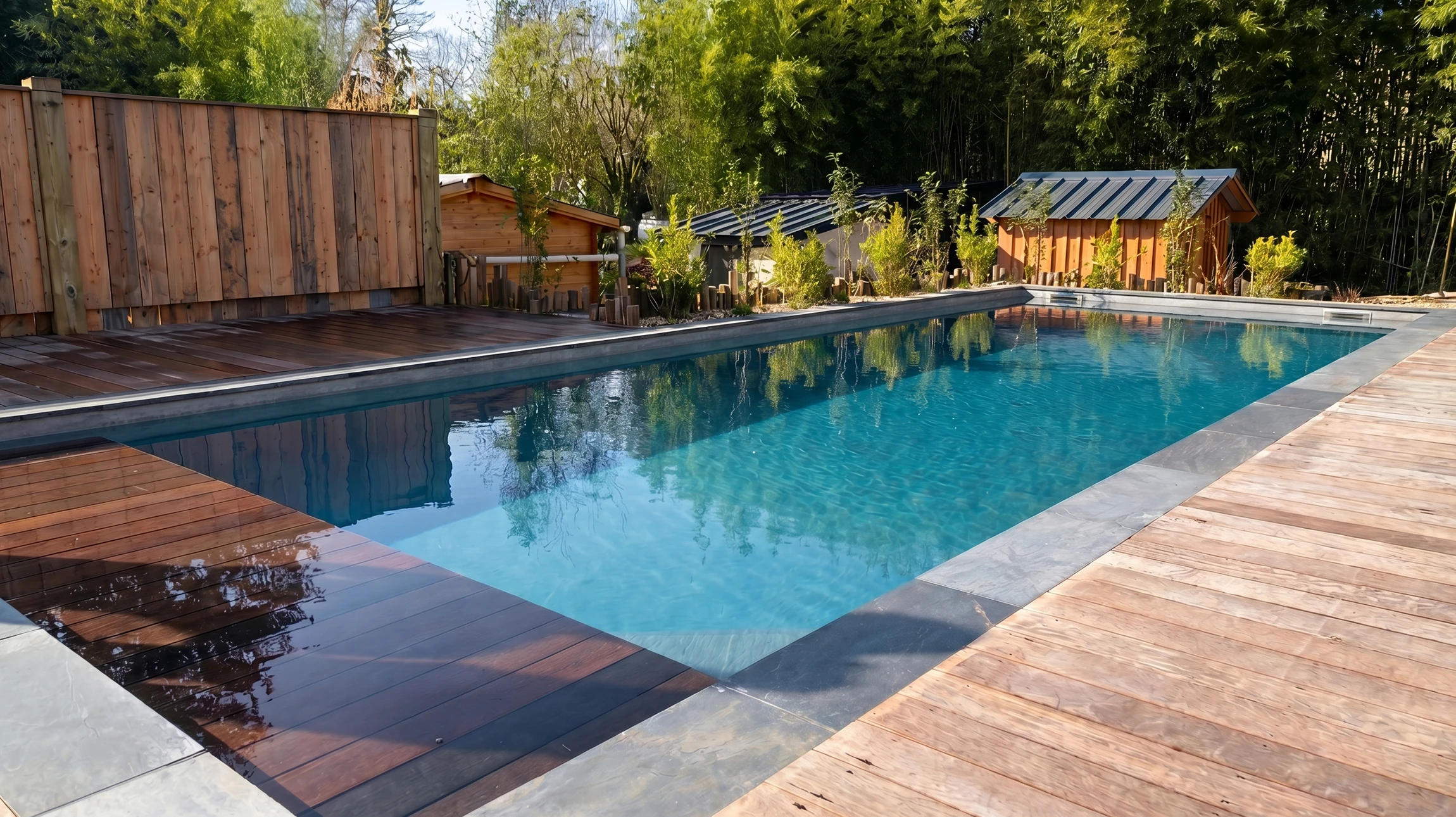 Piscine rectangulaire extérieure aux eaux turquoise cristallines, entourée d'une plage en lames de bois exotique type ipé et d'un margelle en pierre bleue