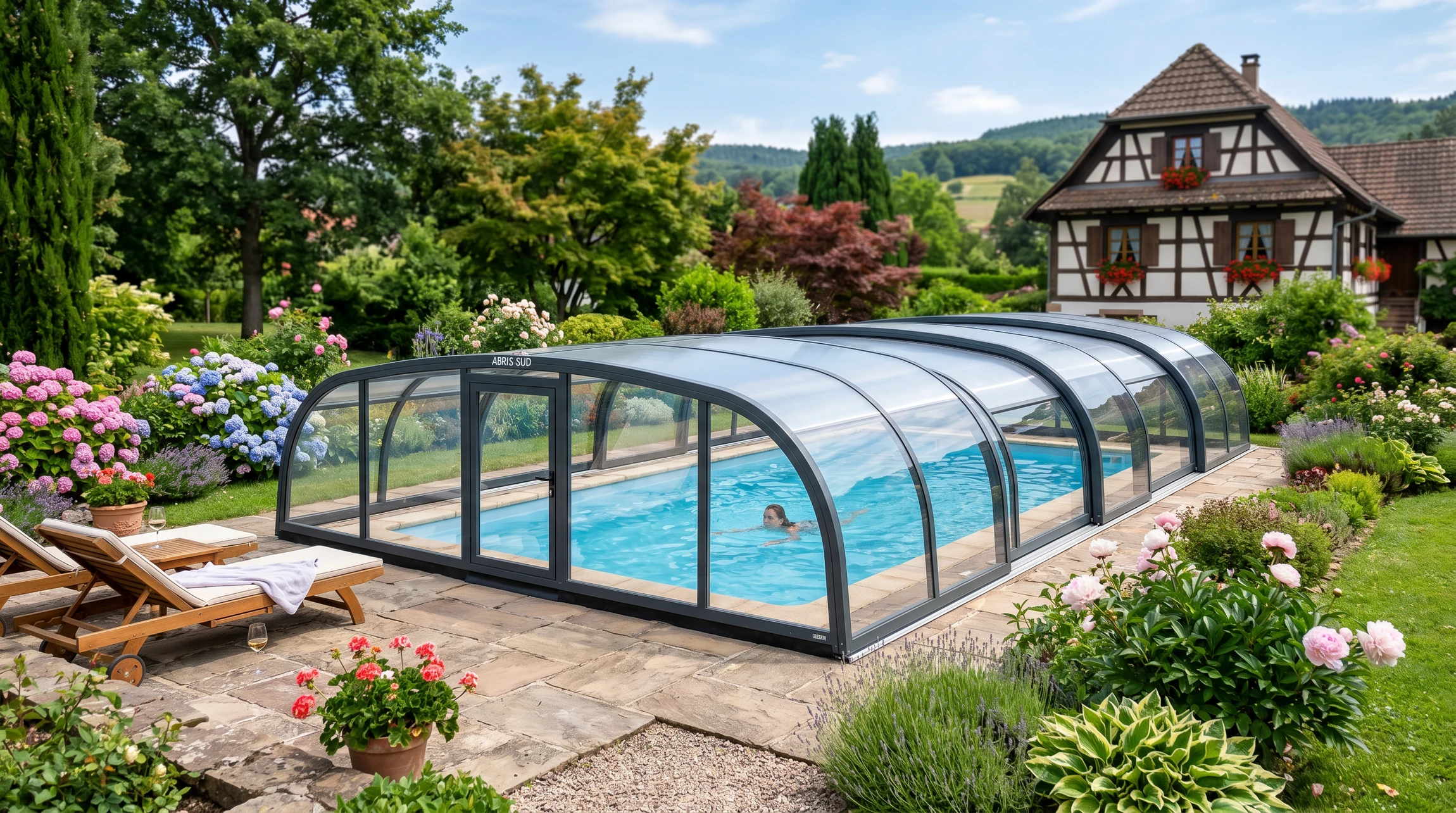 Extérieur piscine avec volet roulant automatique blanc semi-déployé sur bassin aux reflets bleus